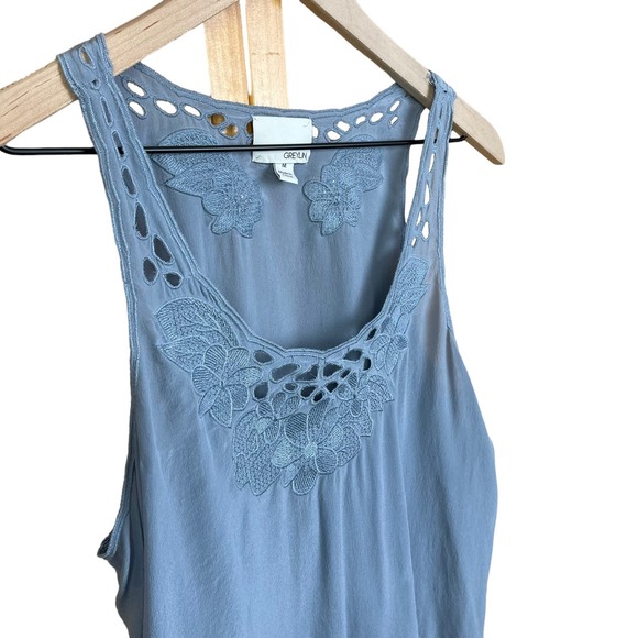 Greylin Womens Medium Blue 100% Silk Top Costal Lightweight Lace Floral Blouse - Picture 5 of 8